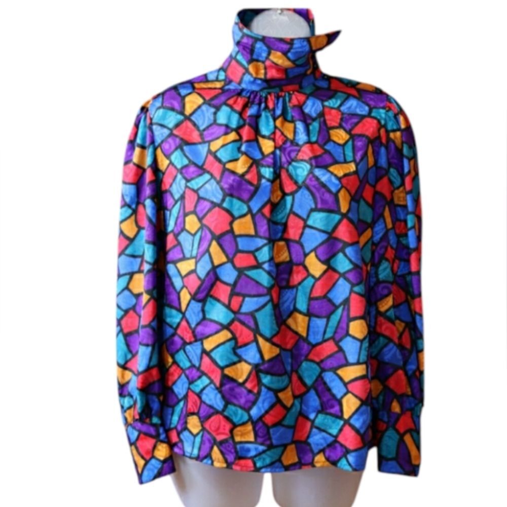Gianna Vintage Colorful Bright Loud Bold Geometric Print Turtleneck Modest Shirt